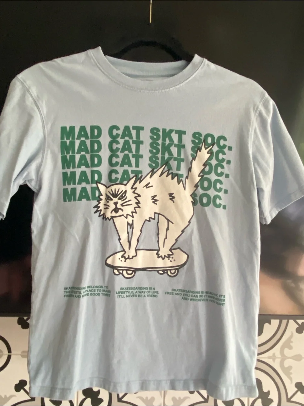 Zara Kids Light Blue Cat Skateboard Graphic Tee Sz 11/12